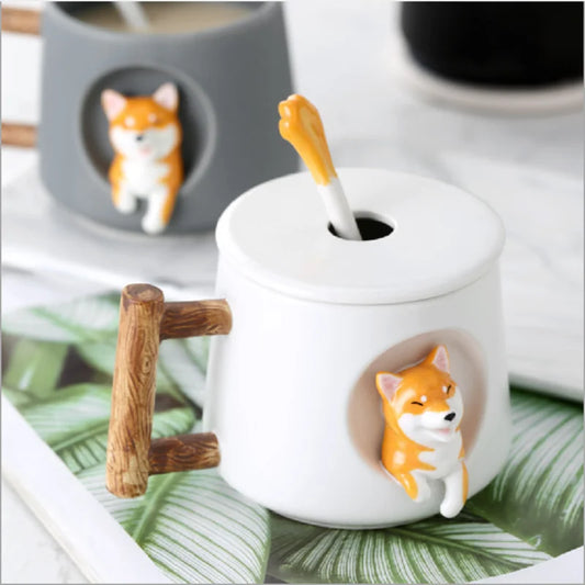 🐾 Shiba Inu Cartoon-Kaffeetasse mit Löffel – Umweltfreundliche Keramiktasse mit Deckel
