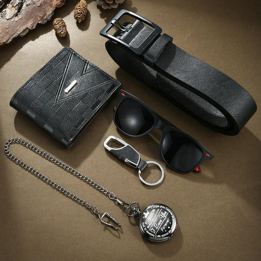 Trendy Taschenuhr Set für Herren, Quarzwerk, Sonnenbrille, Geldbörse, Perfekt für Business und Freizeit, 5-teilig