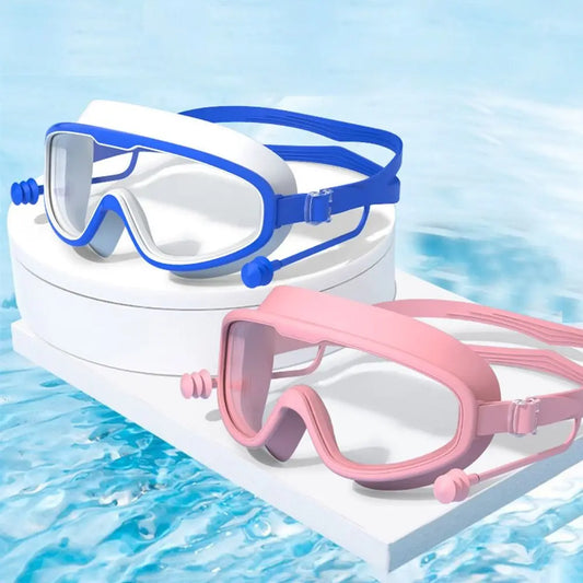 Kinder Schwimmbrille mit Ohrstöpseln – Anti-Beschlag & UV-Schutz | Große Sichtfläche für Jungen & Mädchen