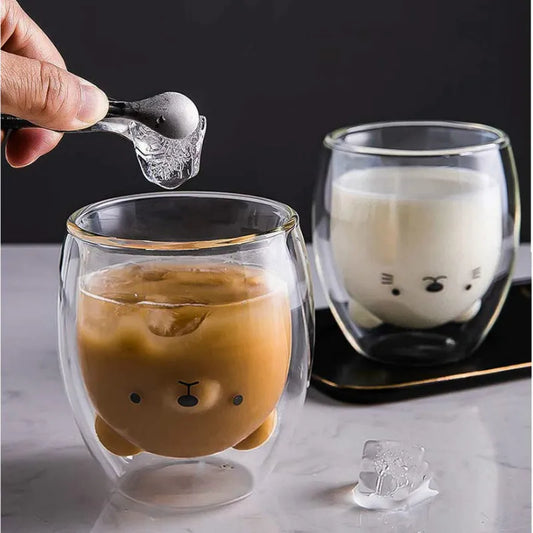 Kreative Nette Bär Doppel-schicht Kaffee Becher Doppel Glas Tasse Karton Tier Milch Glas Dame Nette Katze Ente Hund geschenk Weihnachten Geschenk
