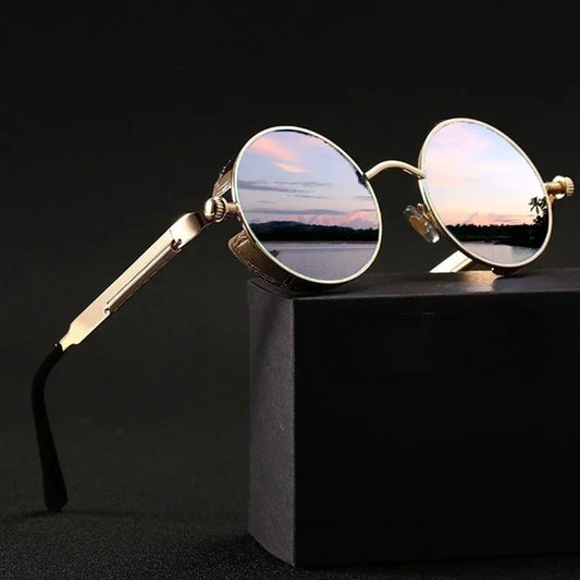 Classic Steampunk Sonnenbrille für Herren und Damen – Retro Runde Metallrahmen Sonnenbrille