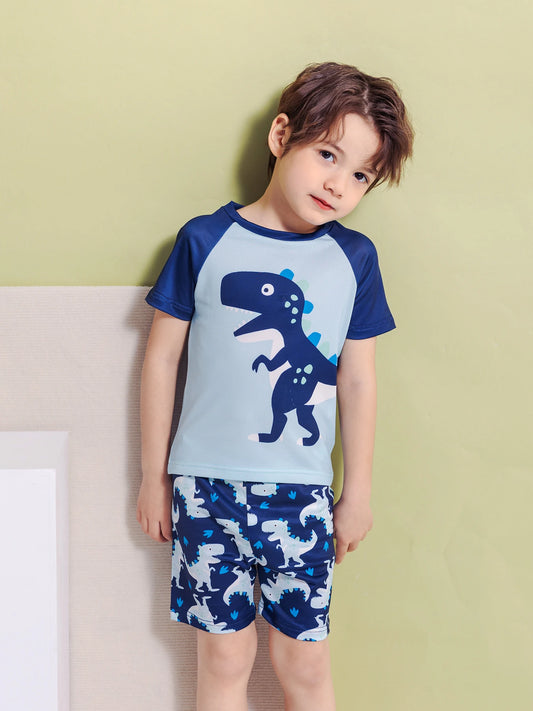 2-teiliges Dino-Schwimmset für Jungen – T-Shirt & Badehose mit Farbblock & Cartoon-Print | Surf- & Badeset Sommer 4–6 Jahre