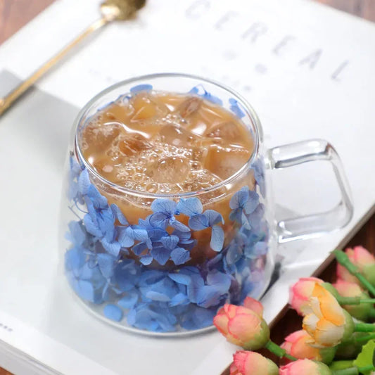 Transparente Glas-Wärmeisolierung, 200 ml, Kaffeetasse mit Griff, doppelwandig, Trockenblumen-Stil, Hochtemperatur-Saft-Milchbecher