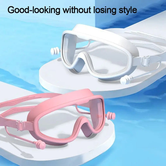 Kinder Schwimmbrille mit Ohrstöpseln – Anti-Beschlag & UV-Schutz | Große Sichtfläche für Jungen & Mädchen