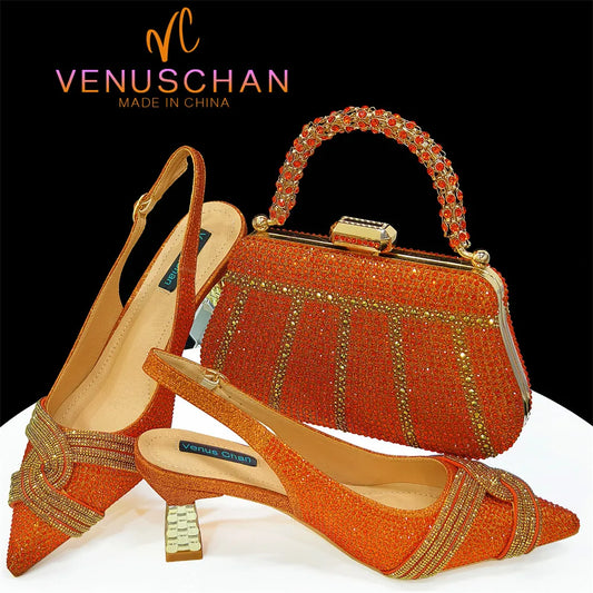 Venus Chan 2024, spezielles Design, hochwertige orangefarbene afrikanische Damen-Schuhe und Taschen-Set mit glänzendem Kristall für die Hochzeitsfeier