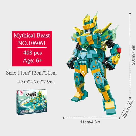 4-in-1 Mythical Beast Mecha Mini-Baustein-Set – Kreative Roboter-Modelle zum Zusammenbauen | Lernspielzeug für Kinder (6–12 Jahre)