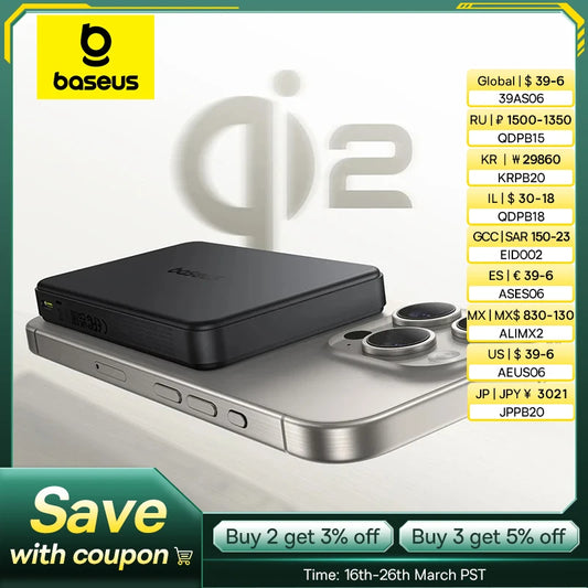 Baseus Qi2 Magnetische Powerbank 10000mAh – 15W Wireless & 22.5W USB-C Schnellladung | Kompatibel mit iPhone 16–12 Pro Max