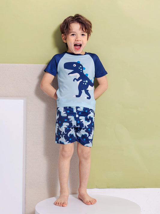 2-teiliges Dino-Schwimmset für Jungen – T-Shirt & Badehose mit Farbblock & Cartoon-Print | Surf- & Badeset Sommer 4–6 Jahre