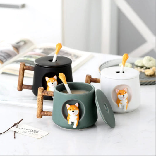 🐾 Shiba Inu Cartoon-Kaffeetasse mit Löffel – Umweltfreundliche Keramiktasse mit Deckel