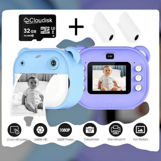 Kinder Digitalkamera mit Sofortbilddruck – Thermodruck Kamera für Kinder mit Videoaufnahme und 32GB Speicherkarte