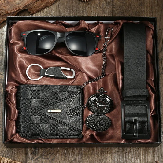 Trendy Taschenuhr Set für Herren, Quarzwerk, Sonnenbrille, Geldbörse, Perfekt für Business und Freizeit, 5-teilig