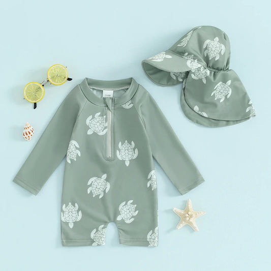 Citgeett Sommer Kleinkind Jungen Badeanzug Stram pler Langarm Cartoon Print Badeanzug Bade bekleidung Kleidung