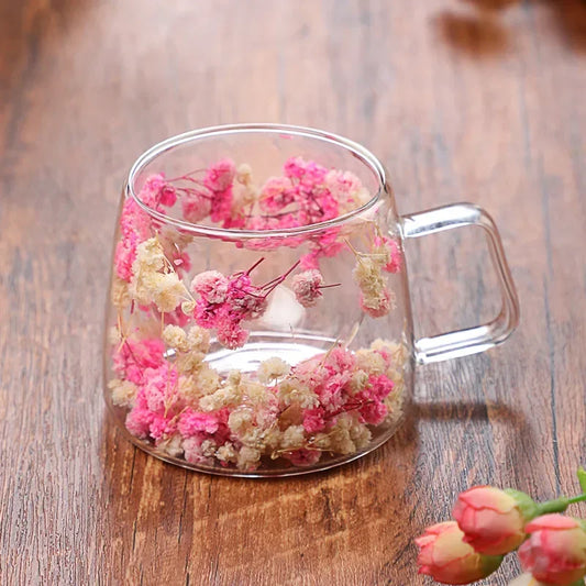 Transparente Glas-Wärmeisolierung, 200 ml, Kaffeetasse mit Griff, doppelwandig, Trockenblumen-Stil, Hochtemperatur-Saft-Milchbecher