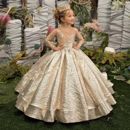 Goldenes Blumenmädchenkleid mit großer Schleife und Illusion-Ärmeln