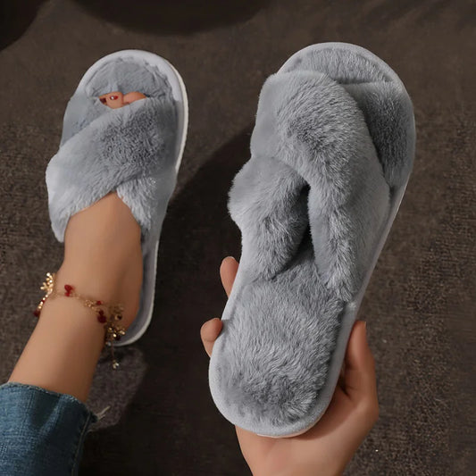 ZOKI Damen Hausschuhe | Flauschige Kreuzriemen-Pantoffeln | Warme Winter-Slides mit Kunstfell | Größen 36-43
