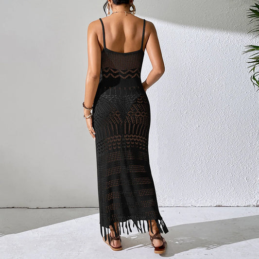 Sexy Strandkleid mit Trägern & Fransen – Lange Häkel-Strandrobe für Damen | Hollow-Out Cover-Up 2025